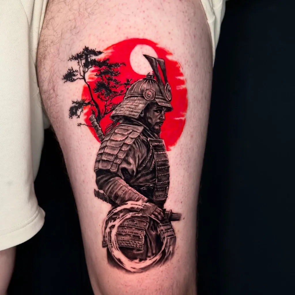 Big Irezumi Samurai with Cherry Tree Tattoo on Men Arm by @lea.inks