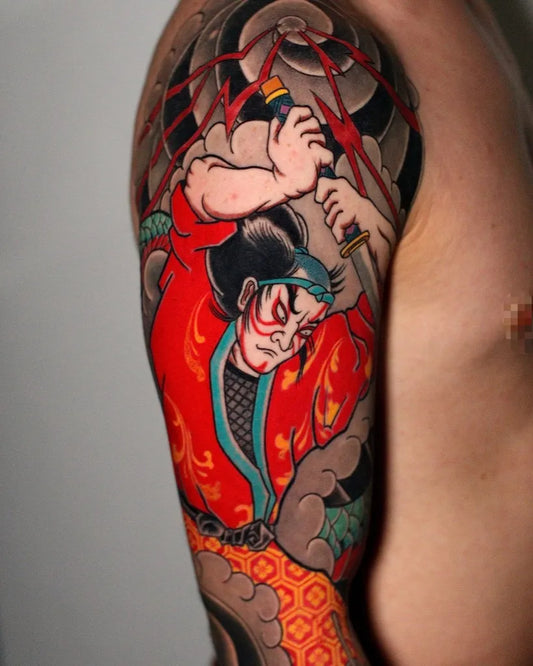 Big Irezumi Samurai with Hanafuda and Sword Tattoo on Men Arm by @ivo_ink_