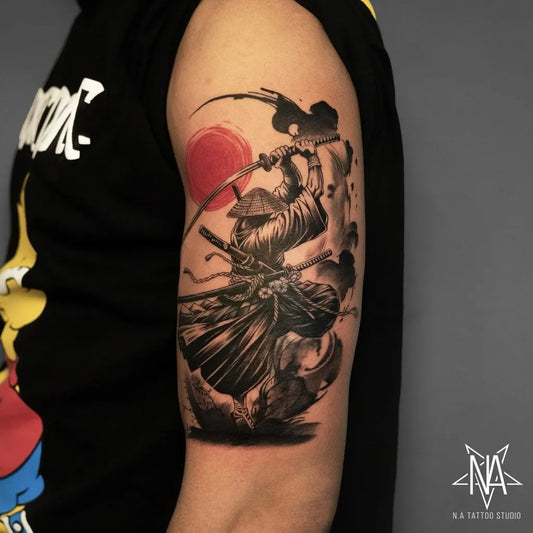 Big Irezumi Samurai with Katana and Sun Tattoo on Men Arm by @krishan_hamal