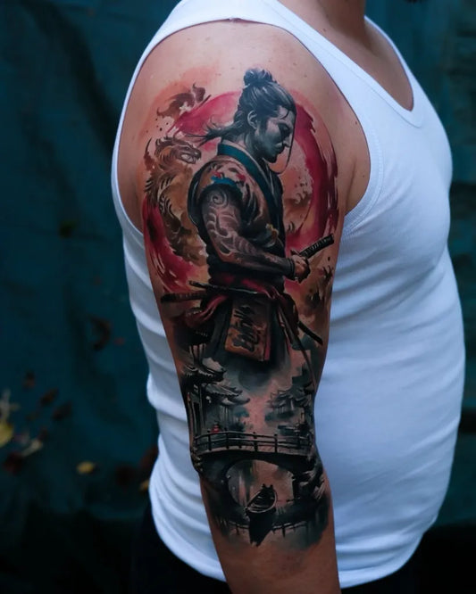 Big Irezumi Samurai with Rising Sun and Bridge Tattoo on Men Arm by @vikinkhamburg