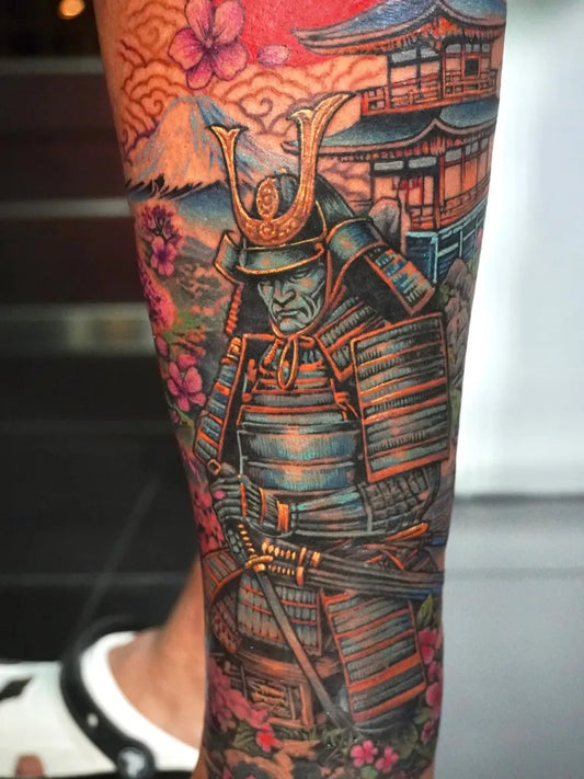 Big Irezumi Samurai with Temple and Flowers Tattoo on Men Leg by @shadow_inks