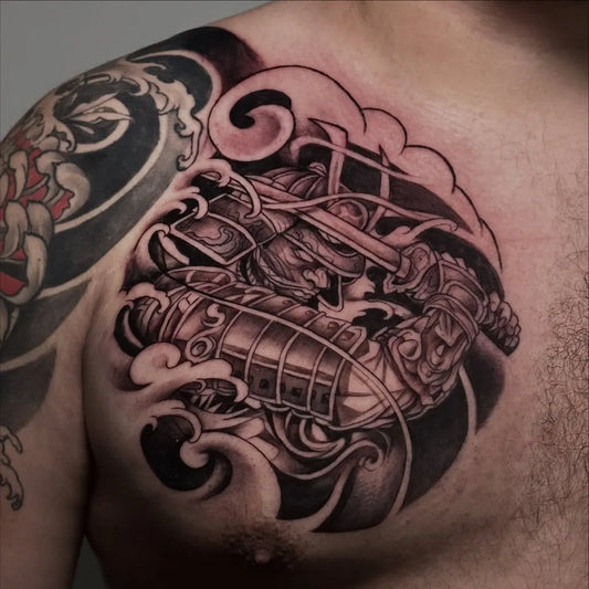 Big Irezumi Samurai with Waves and Armor Tattoo on Men Shoulder by @geisytattoo