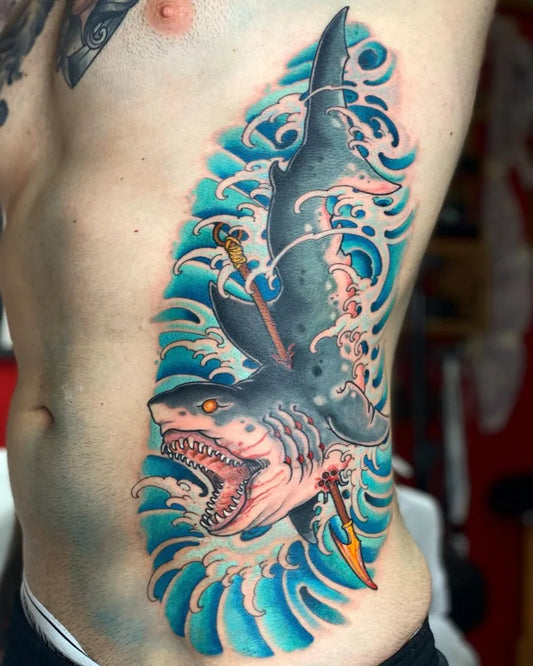 Big Irezumi Shark Spear Waves Tattoo on Men Rib by @malabartattooartist