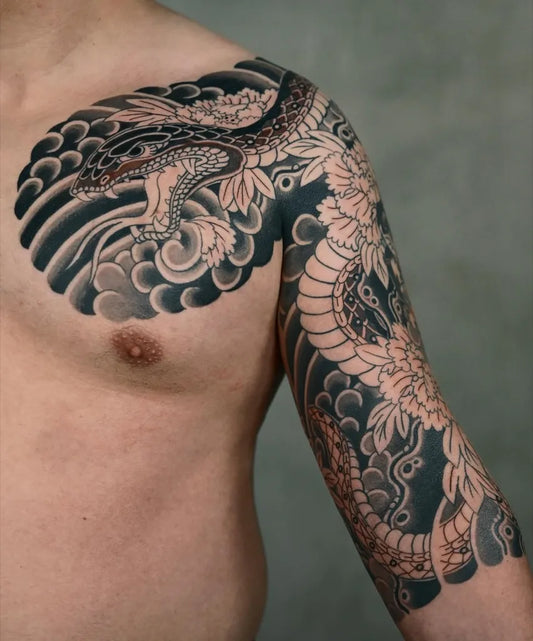 Big Irezumi Snake and Dragon on Men Shoulder Sleeve Tattoo by @mkamtattoo