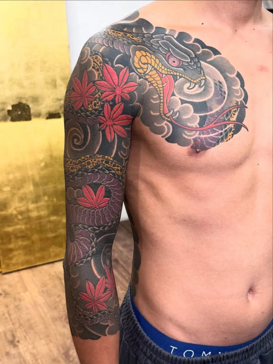 Big Irezumi Snake and Lotus on Men Arm Sleeve Tattoo by @horikasiwa