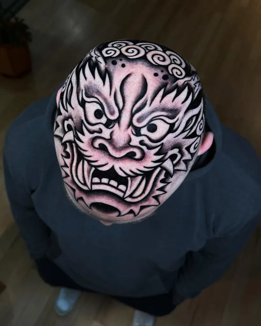 Big Irezumi Tiger Face Tattoo on Men Head by @jennmansellta