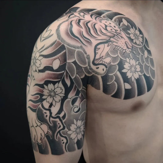 Big Irezumi Tiger and Cherry Blossoms and Waves on Men Shoulder Tattoo by @brainnew_ink