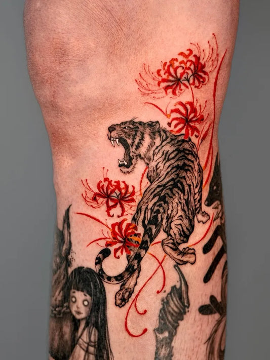 Big Irezumi Tiger and Red Spider Lily and Girl on Men Arm Tattoo by @kabitattooer