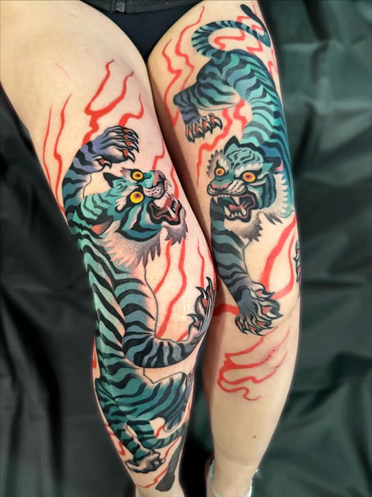 Big Irezumi Tiger with Flames on Women Thigh Tattoo by @marineperez