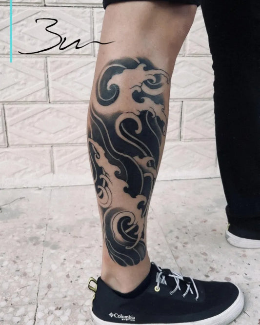 Big Irezumi Waves Tattoo on Men Calf by @3utattoo