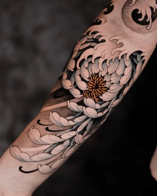 Big Irezumi White Chrysanthemum Waves Moon Tattoo on Men Arm by @evitas.atelier