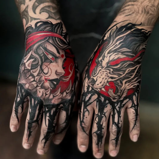 Big Irezumi Wolf and Oni Woman on Men Hands Tattoo by @bocchink