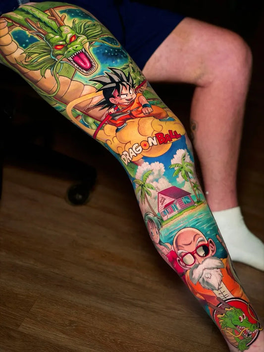 Big Japanese Anime Dragon Goku Kame House on Men Leg Tattoo by @drkturcotte