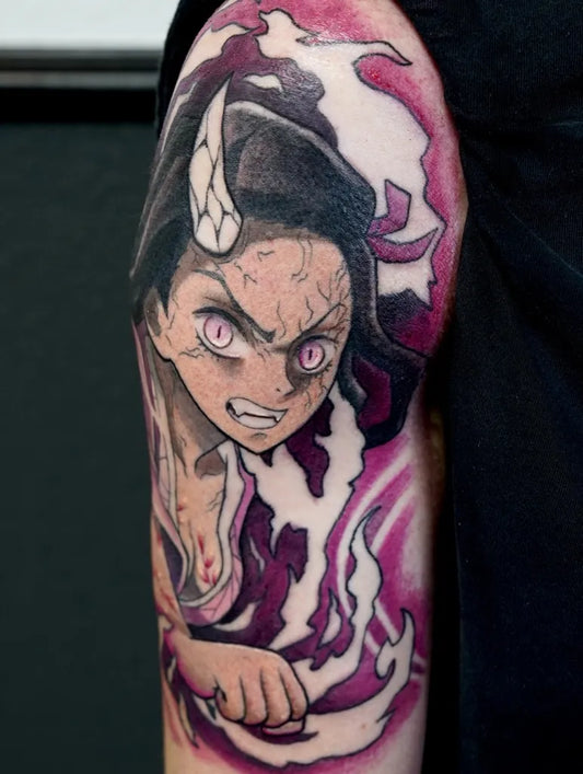 Big Japanese Anime Nezuko Demon Form on Men Arm Tattoo by @shaneduno