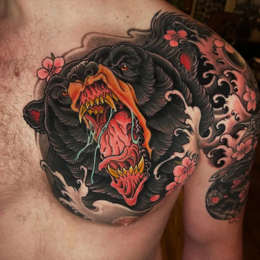 Big Japanese Bear Cherry Blossoms Waves on Men Shoulder Tattoo by @timderosetattoos