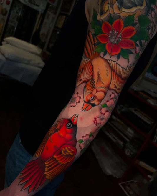 Big Japanese Cardinal Birds and Flowers Tattoo on Men Arm by @mp.tatt