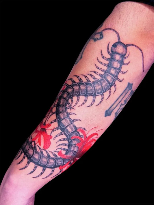 Big Japanese Centipede Red Flowers Tattoo on Men Arm by @june.tattoo75