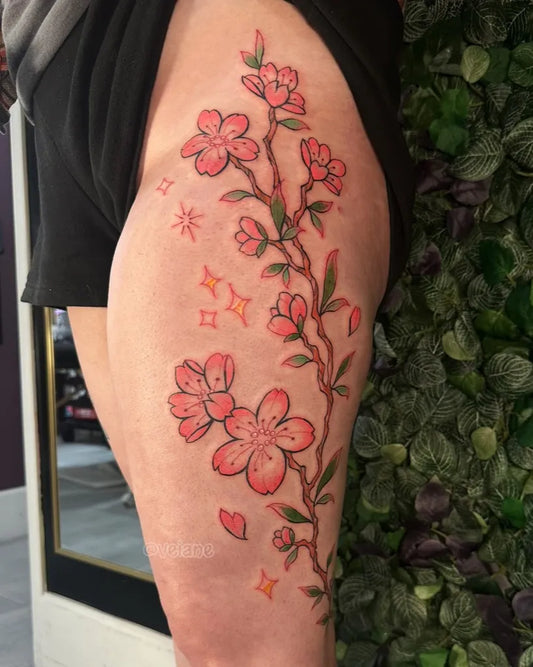 Big Japanese Cherry Blossom Branch on Women Thigh Tattoo by @veiane