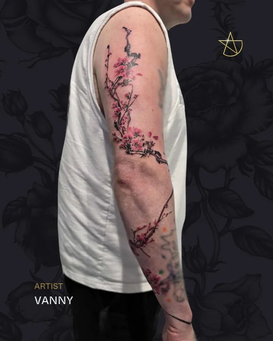 Big Japanese Cherry Blossom Branches on Men Arm Tattoo by @celebrityinkchermside