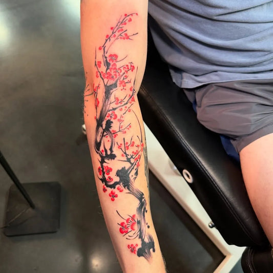 Big Japanese Cherry Blossom Branches on Men Arm Tattoo by @sagearttattoo