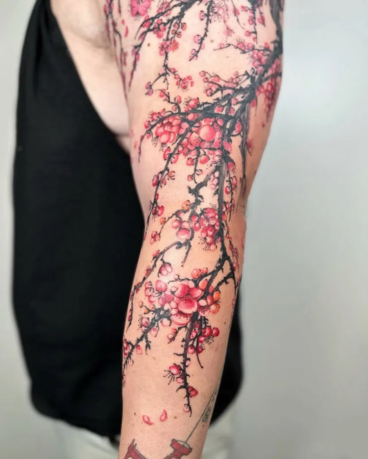 Big Japanese Cherry Blossom Branches on Women Arm Tattoo by @jiang_tattooer