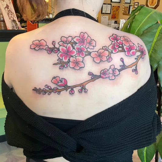 Big Japanese Cherry Blossom Branches on Women Back Tattoo by @queenofchaostattoos
