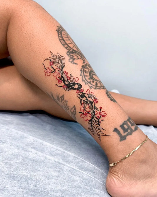 Big Japanese Cherry Blossom Koi Flowers on Women Leg Tattoo by @offtattooer