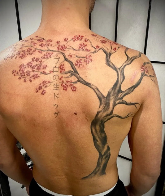 Big Japanese Cherry Blossom Tree Kanji on Men Back Tattoo by @tattooingbyfabio