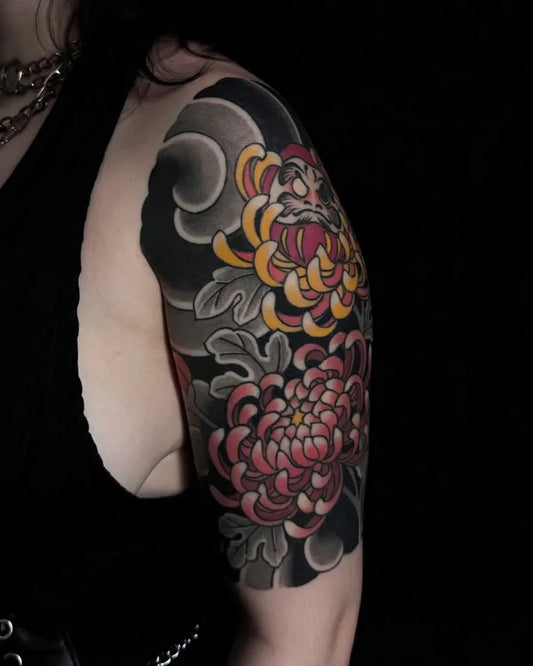 Big Japanese Chrysanthemum Pink and Yellow Flowers Half Sleeve Tattoo on Women Shoulder by @sarudany