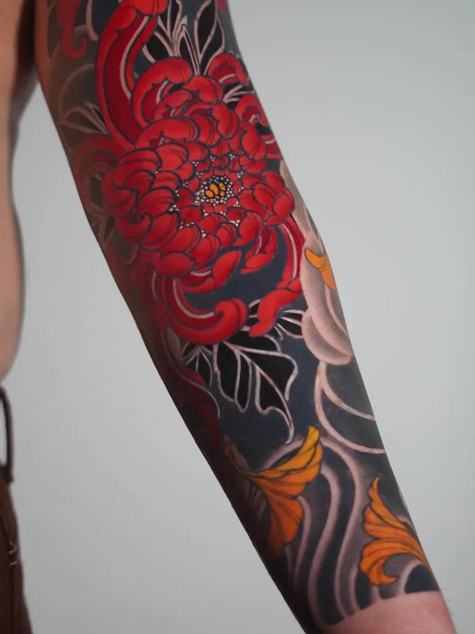 Big Japanese Chrysanthemum and Leaves on Men Arm Tattoo by @michel.tattoos