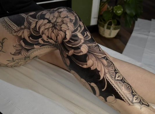 Big Japanese Chrysanthemum on Women Leg Tattoo by @emi1yelizabeth