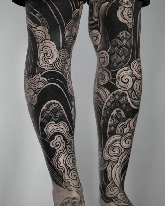 Big Japanese Clouds Waves Scale Men Legs Tattoo by @ink.japanese.ink.39