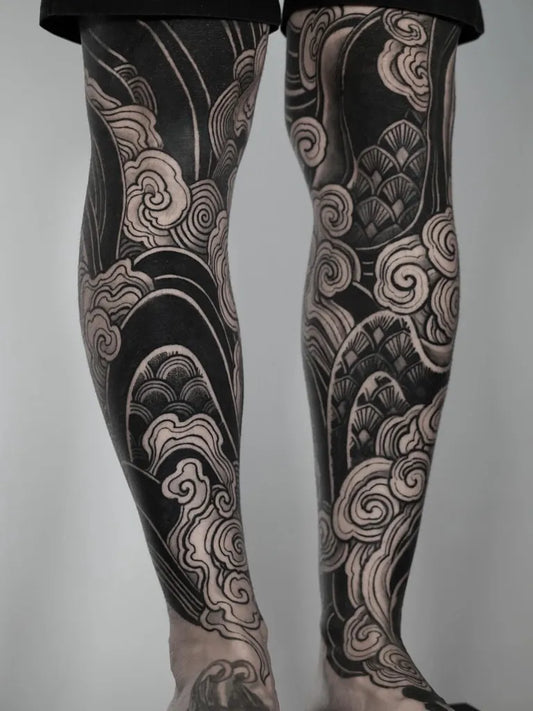 Big Japanese Clouds Waves Scales on Men Leg Tattoo by @pantheraink