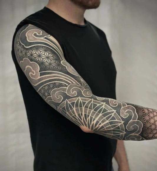 Big Japanese Clouds and Flowers on Men Arm Sleeve Tattoo by @marrowtattoo