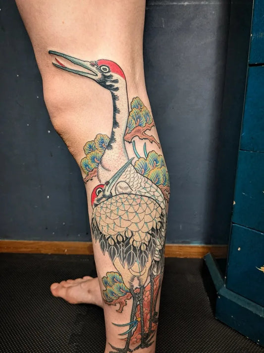 Big Japanese Crane Peony on Women Leg Tattoo by @bluebirdjpn