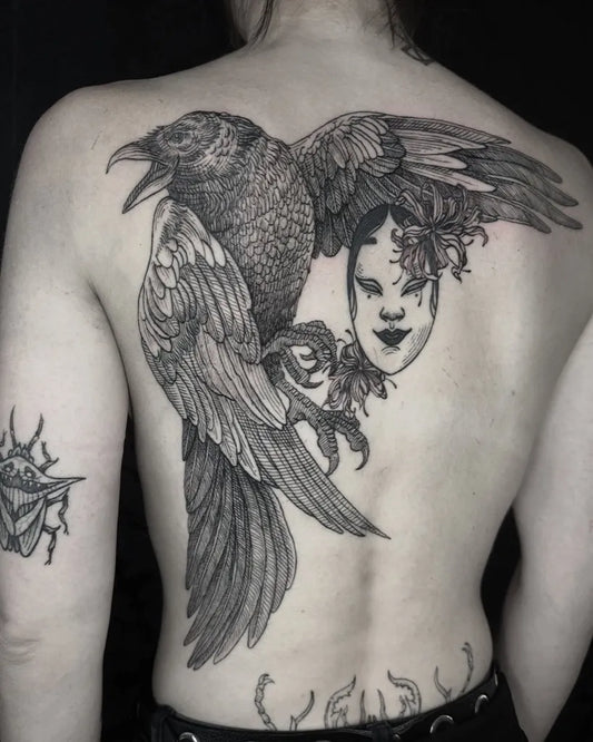 Big Japanese Crow Mask Flower Tattoo on Women Back by @johnnychopper_ink