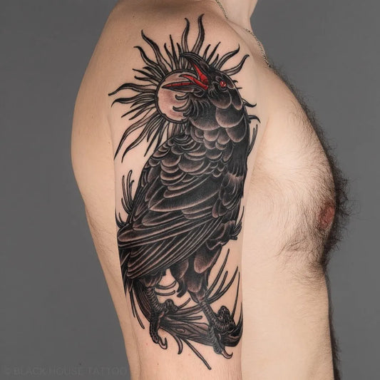 Big Japanese Crow Sun Tattoo on Men Arm by @blackhousetattoo