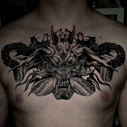 Big Japanese Demon Mask Dragons on Men Chest Tattoo by @blackflame_emporium