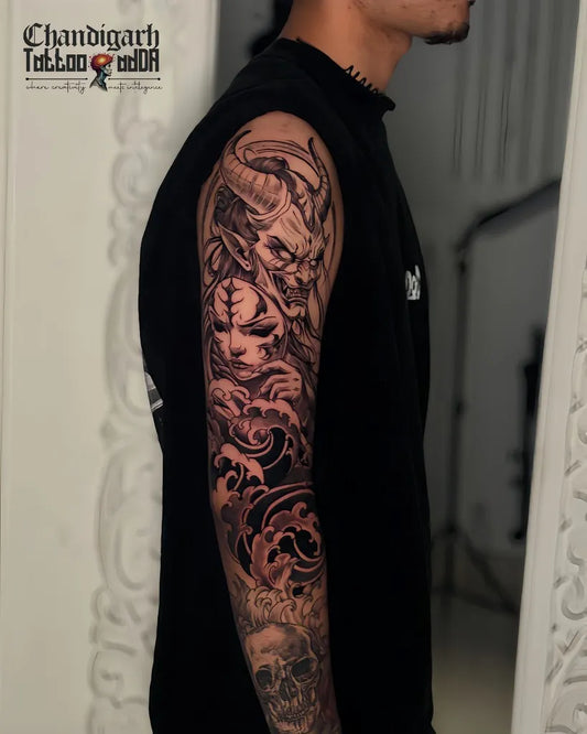 Big Japanese Demon Mask Skull on Men Arm Sleeve Tattoo by @chandigarhtattooadda