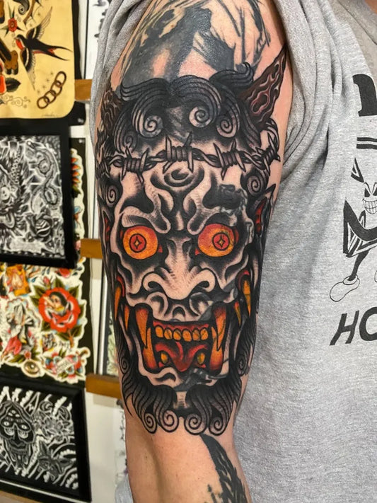 Big Japanese Demon Mask Tattoo on Men Arm by @sean_drennen