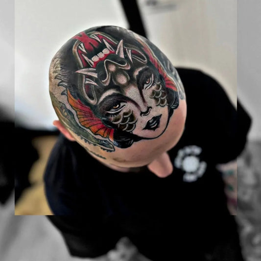 Big Japanese Demon Mask Tattoo on Men Head by @niall_meaningless
