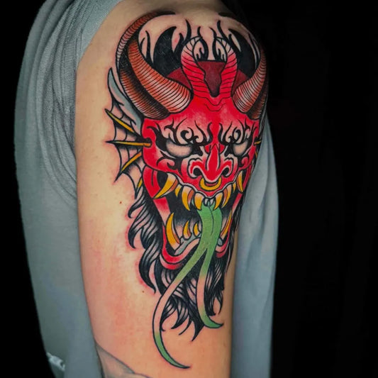 Big Japanese Demon Mask Tattoo on Men Shoulder by @valentina.avati
