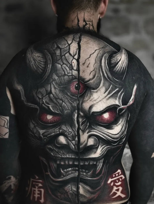 Big Japanese Demon Mask on Men Back Tattoo by @inked__kid_