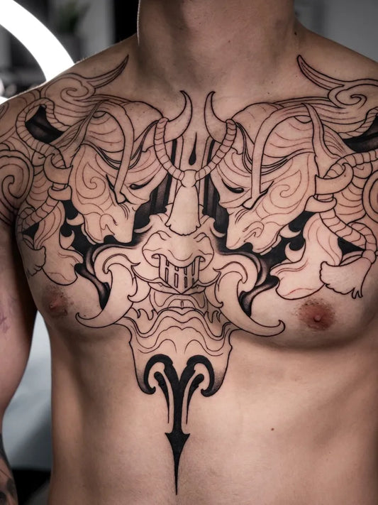 Big Japanese Demon Mask on Men Chest Tattoo by @lauraortiztattoo