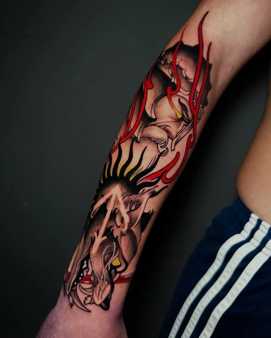 Big Japanese Demon Sun on Men Arm Tattoo by @casas.tattoo