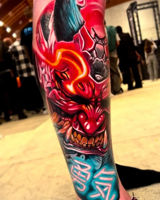 Big Japanese Demon Tattoo on Men Leg by @dermalizepro