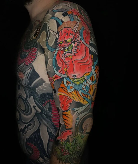 Big Japanese Demon on Men Arm Tattoo by @spiderandflytattoo