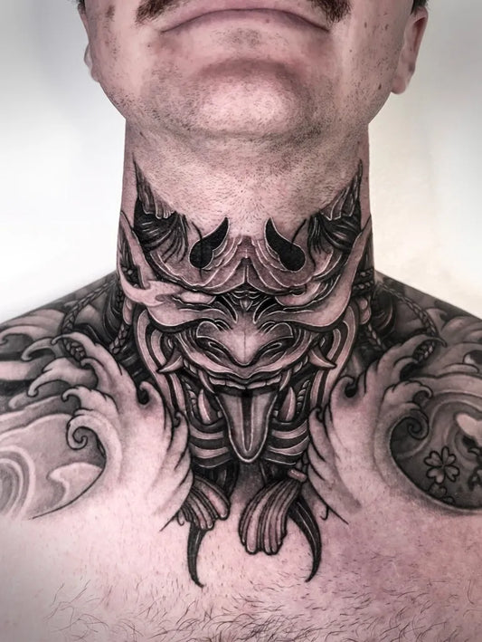 Big Japanese Demon on Men Neck Tattoo by @nam.misfits