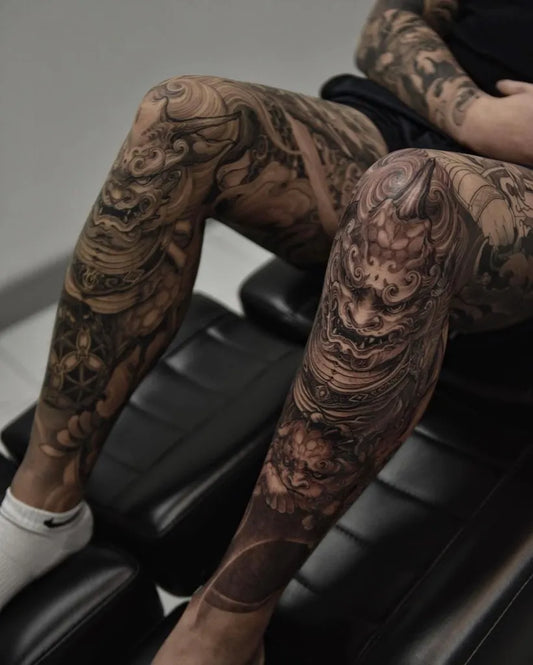 Big Japanese Demons and Dragons on Men Leg Tattoo by @japanese.ink
