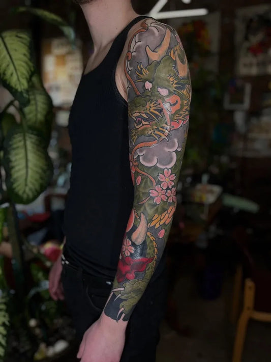 Big Japanese Dragon Cherry Blossom on Men Arm Sleeve Tattoo by @ichibotattoos